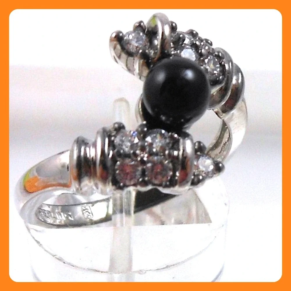 Vintage 90s Black Onyx Bead Bypass Ring‎ 925 Sterling Silver CZ Size 8 15mm Wide